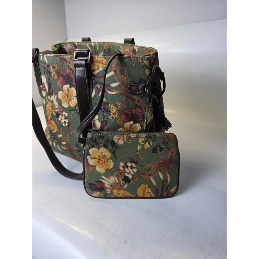 Caribbean Joe ShoulderBag‎ Handbag Floral Print Green Brown Purse Pouch Bag
